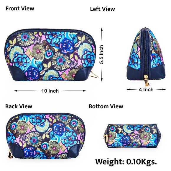 Printed Blue Fabric Cosmetic Pouch Bag for Women, Travel Case with Leather trim - Picture 3 of 8